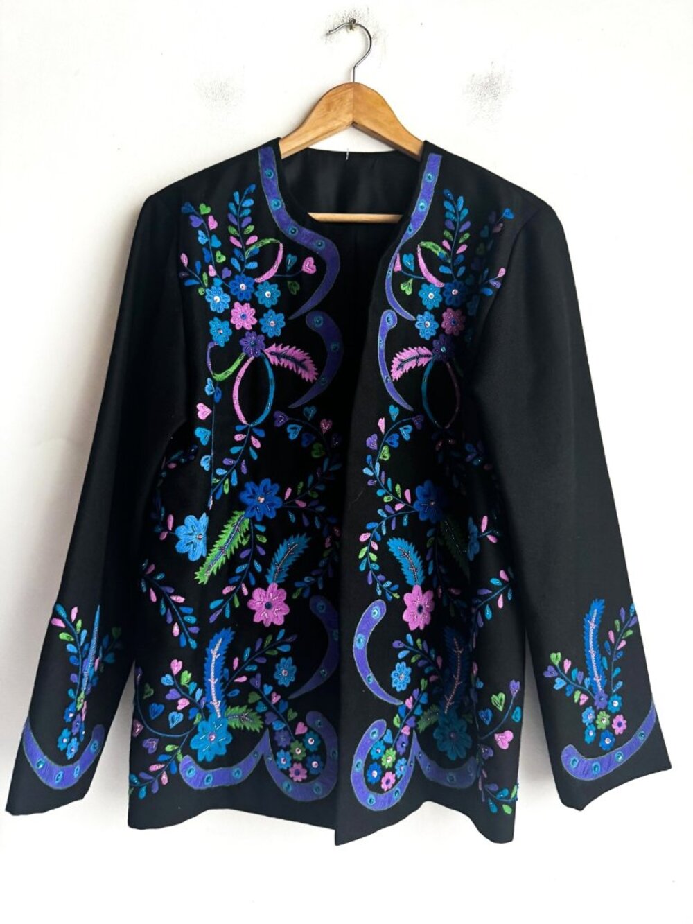 Black Wool Floral Embroidered Open Front Jacket M